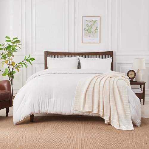 Douceur Cream White Stripe Knit Throw Blanket 50"x60"