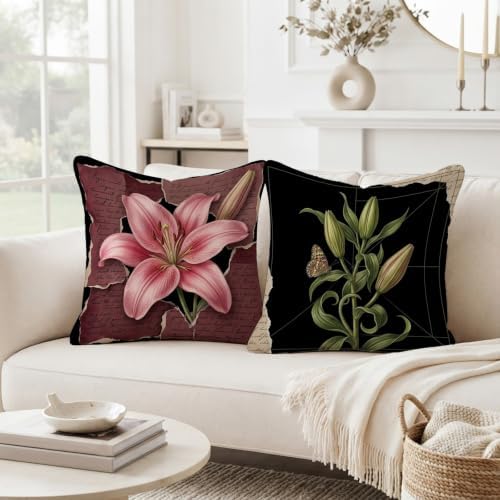 Vintage Botanical Lilies Floral Throw Pillow Covers 20x20 Set of 4