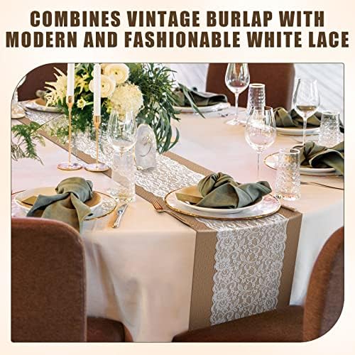 Tatuo 12 Pieces Burlap Table Runners with Lace 12 x 108 Inch Long