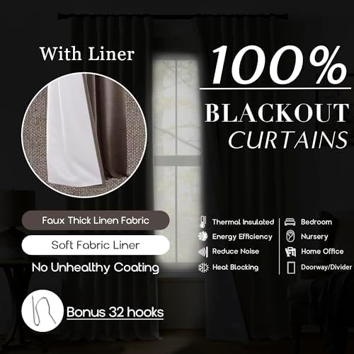 Dark Academia Tweed Blackout Curtains 96 Inch Long 2 Panel Set, Moody