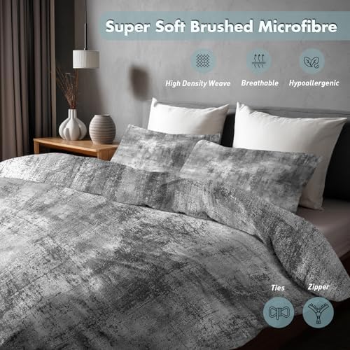 Grey Duvet Cover Queen Size, Modern Abstract Vintage Reversible Design