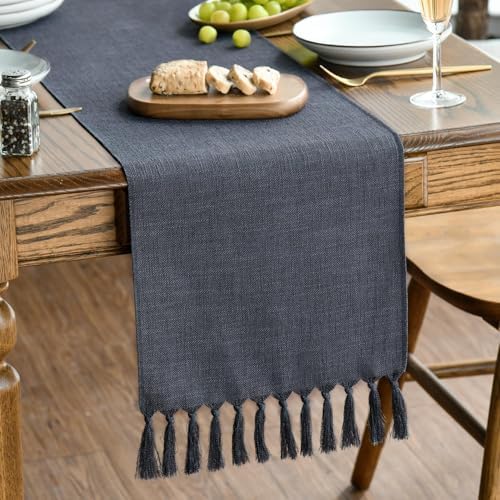 Artoid Mode Graphite Grey Tassel Table Runner, Linen Blend Rustic