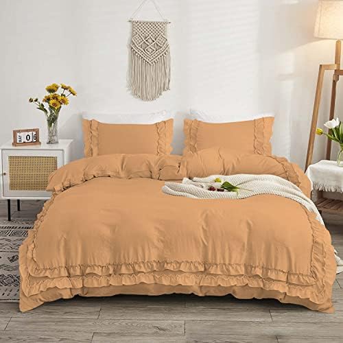 Luxurious 5 Piece Double Ruffle Duvet Cover with Zipper Closure, 100%