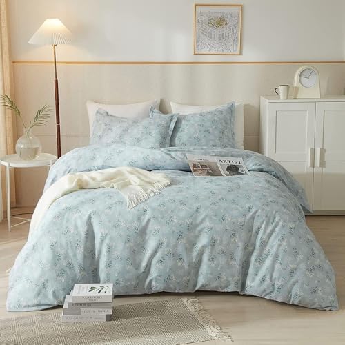 Blue Grey Flower Duvet Cover Set 100% Cotton Queen(90"x90"),White
