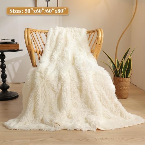 XeGe Decorative Luxury Fluffy Faux Fur Bed Blanket, Beige, 60"x80"