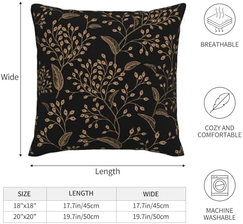 Boho Flowers Throw Pillow Covers Black Gold Floral Leaves Square