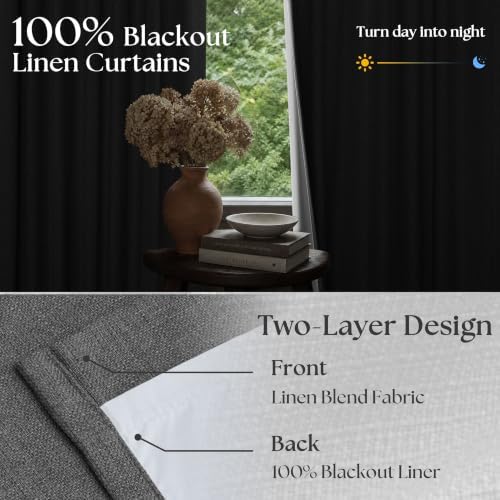TWODRAPES Charcoal Grey Pleated Thick Linen Blackout Curtains
