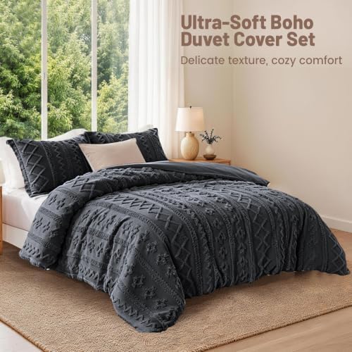 Maple&Stone Boho Duvet Cover Queen, Dark Grey Tufted 3-Piece Set