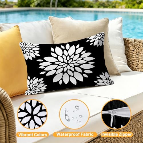 Outdoor Waterproof Throw Pillow Covers 12x20 Set of 4 Black and White