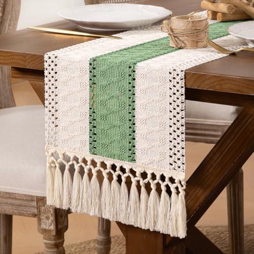 DeZerlor Ivory&Sage Green Boho Macrame Farmhouse Woven Table Runner