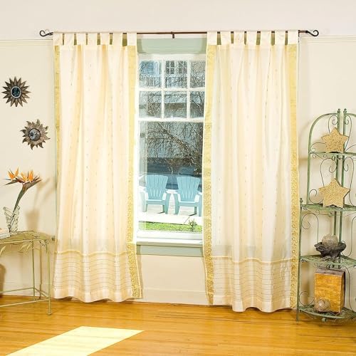 Lined-Cream Tab Top Sheer Sari Curtain / Drape / Panel - 80W x 96L
