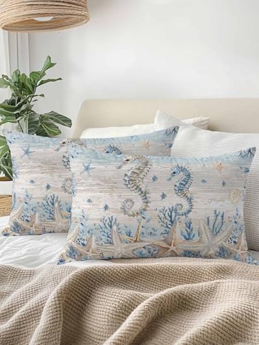 Outdoor Throw Pillow Waterproof Pillows, Summer Ocean Seahorse Coral