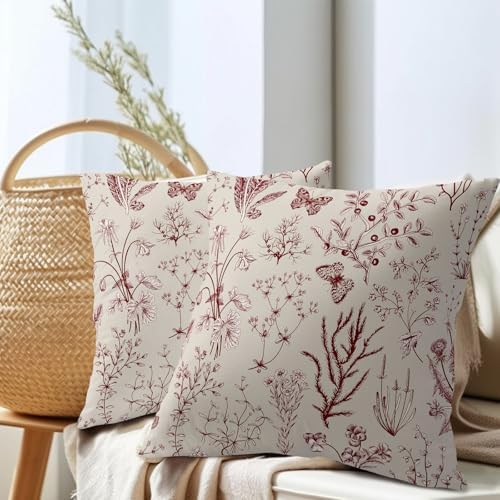 Kawani Spring Burgundy Red Wild Flower Plant Pillow Covers 18X18 Inch