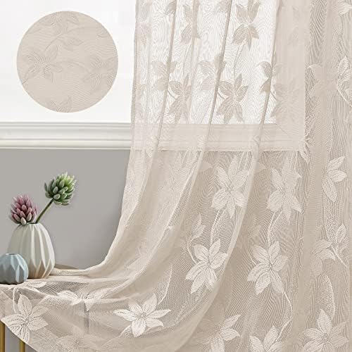 DWCN Beige Sheer Curtains - 72 inches Long Elegant Floral Lace Rod