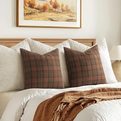 Fall Scottish Plaid Throw Pillow Covers 18x18 Orange Green Set of 2