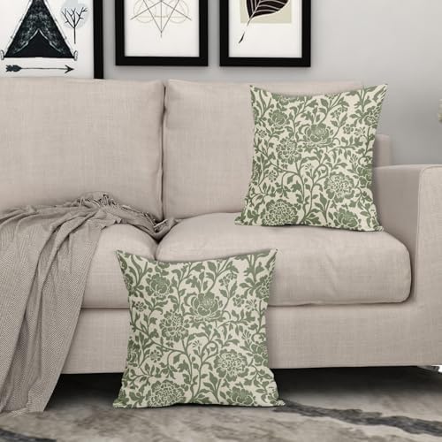 Sage Green Floral Pillow Covers 22x22 Inch Set of 2 Vintage Block