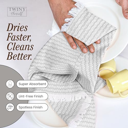 TWINY threads 12 Pack 100% Cotton Kitchen Towels, 16"x26" (Light Grey)