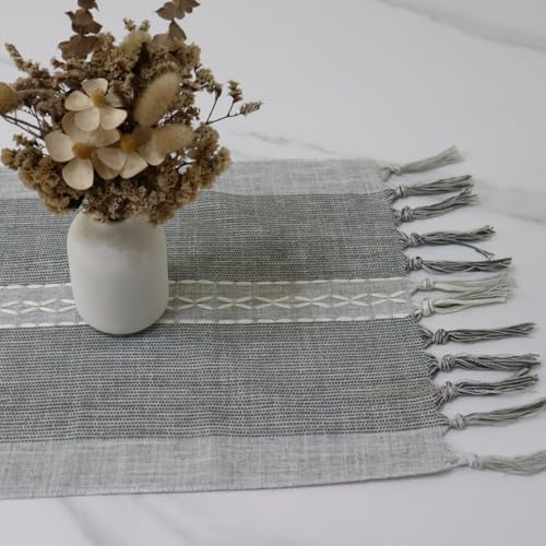 Rustic Table Runner 72 Fall Linen Macrame Woven Boho Farmhouse Grey