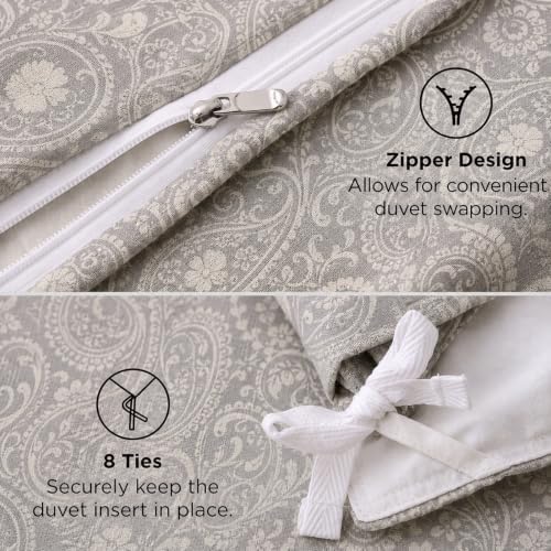 Linen Cotton Duvet Cover Set King Size, Grey Paisley Bedding Set