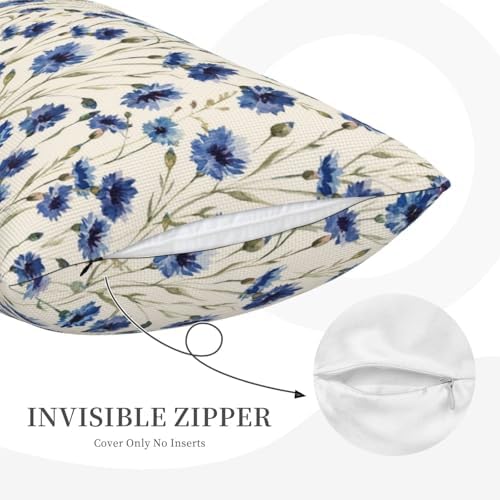 Blue Floral Throw Pillow Covers 12x20 Inch Set of 2, Vintage Flower