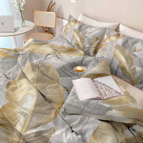 Duvet Cover Set Simple Plant Based Banana Leaf - Grey Soft Microfiber
