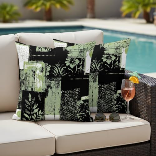 Sage Green Black Floral Leaves Decorative Throw Pillow Covers 18x18