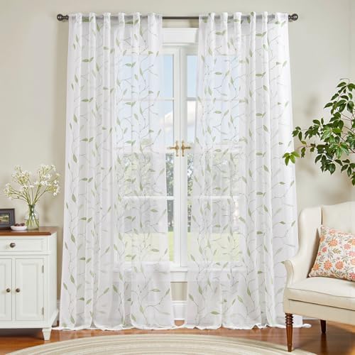 Lazzzy Embroidered Sheer Curtains Floral Leaf White Sheer Curtain for