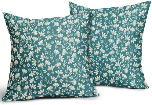 Teal Pillow Covers 20x20 Set of 2 Vintage Floral Rustic Old Style Cute