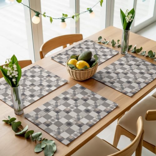 Patchwork Placemats Set of 8, Vintage Gray Minimalist Plaid Squares