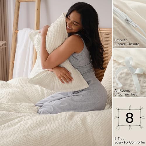 David's Home Textured Waffle Weave Duvet Cover Set, Twin, Cannoli
