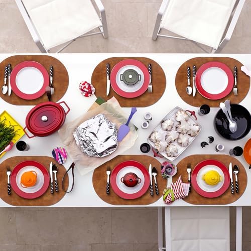 ADRIMER Oval Placemats Set of 6, Wipeable Faux Leather, Turmeric Brown