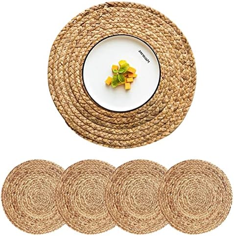 Round Woven Placemats Set of 4, Natural Water Hyacinth Place mats