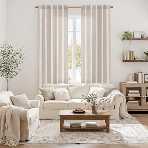 MIULEE Faux Linen Curtains 72 Inch Length 2 Panels Natural Beige Semi