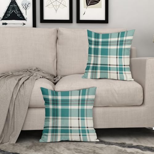 Teal Plaid Pillow Covers 22x22 Set of 2 Christmas Buffalo Checkered