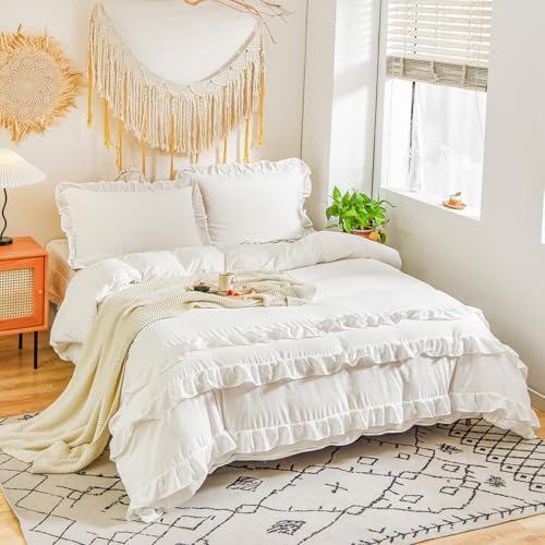 CCoutueChen White Ruffle Duvet Cover Queen 3Pcs Shabby Chic Farmhouse