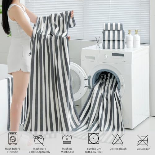 18 Pcs Gray Stripe Bath Towel Set with Hanging Loop-6 Bath Towels,6