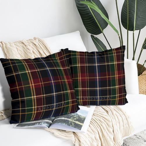 Dark Navy Tartan Plaid Pillow Covers 22x22 Inch Set of 2 Linen