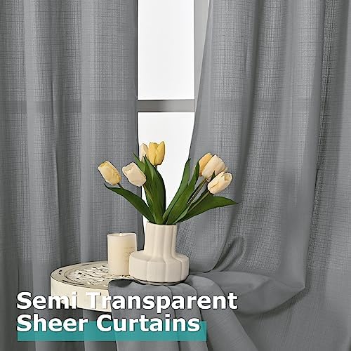 BGment Grey Sheer Curtains 63 Inch Length 2 Panels, Natural Linen