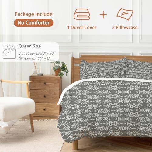 Grey Boho Duvet Cover Queen Size, Farmhouse Neutral Chic Abstract