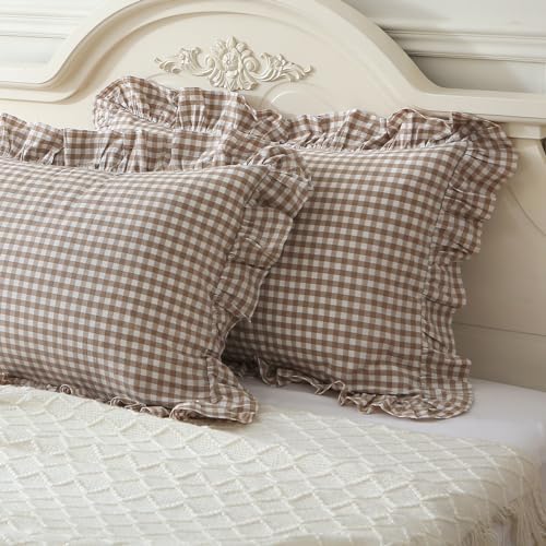 Mywinlle Taupe/White Plaid Ruffle Pillow Shams King Size Set of