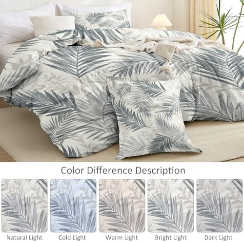 Gray Beige Duvet Cover King - Modern Decorative Plant Palm Leaf