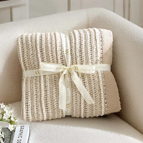 Amélie Home Striped Knit Chenille Throw Blanket, Beige 50×60
