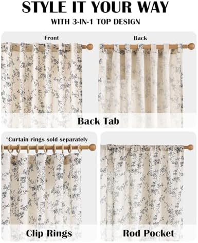 Lazzzy Black Vintage Floral Linen Curtains Farmhouse 38W X 63L 2