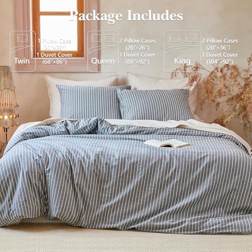 QKTE Striped 100% Washed Cotton Duvet Cover Set King Size 3Pcs