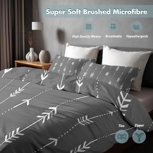Gray Modern Duvet Cover Full Size, Minimalist Boho Stripe Reversible
