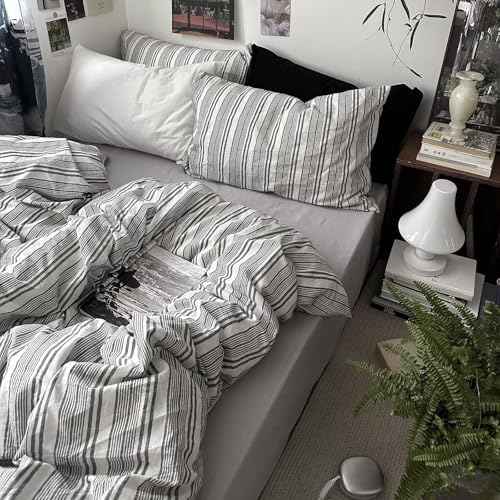 MKXI Full Size Charcoal Grey & White Striped Duvet Cover Set - 3 Piece