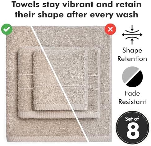 Bath Towels Set of 8 – 100% Ring Spun Cotton (Beige) Bathroom Towel