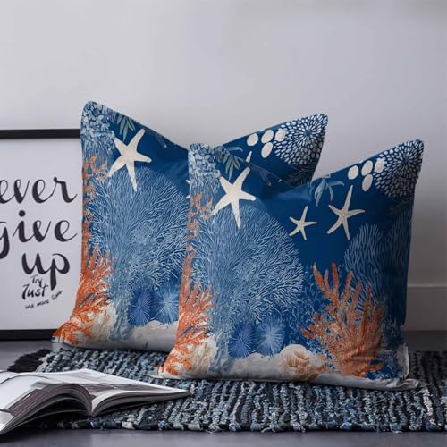 Orange Navy Blue Coral Pillow Covers 20x20 Set of 2, Summer Beach