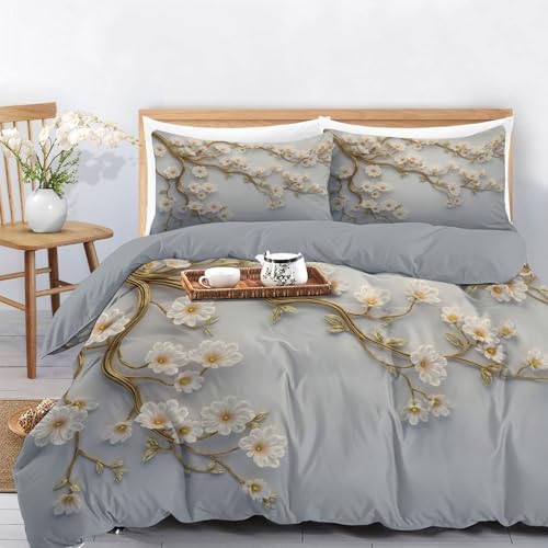 Duvet Cover Set King, 3D Flower and Leaf Relief Brushed Microfiber