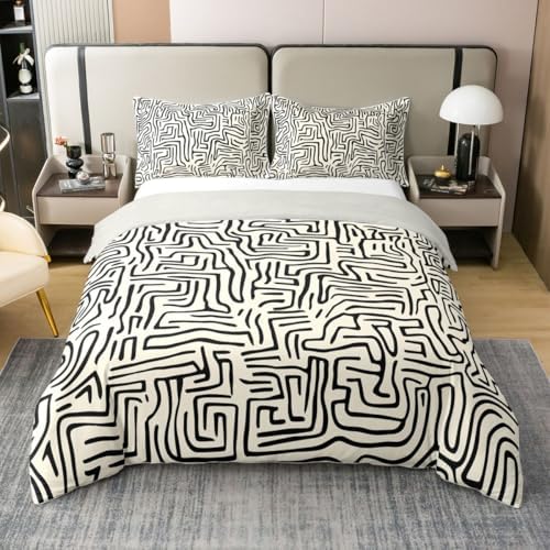 jejeloiu Black and Beige Duvet Cover 100% Cotton King Size Stripes